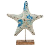 Figura de una Estrella de mar de Metal y Base de Madera en Azul y Blanco 40x10x47 cm