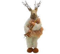 Figura Decorativa de Ciervo XL con cornamentas, Figura de Ciervo con Bastones de esquí, Bufanda y Zapatos de Invierno en Color Blanco y marrón. Dimensiones de una Escultura de Ciervo: 11 x 8 x 26 cm.