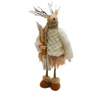 Figura Decorativa de Ciervo XL con cornamentas, Figura de Ciervo con Cuernos, venado Textil de pie con esquí, Bufanda y Zapatos de Invierno en Color Blanco y marrón. Dimensiones de una Escultura de