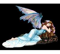 Figura decorativa de elfos Fantasy - Shila durmiendo sobre tocón de árbol, hada, hada, ángel, artículo decorativo, estatua, escultura, 34 cm de ancho