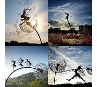 Figura decorativa para jardín con silueta de hadas y dientes de león para bailar juntos, decoración de hadas, juego de hadas con el diente de león de metal, silueta de elfo (4 unidades)