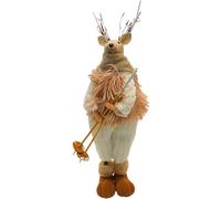 Figura Decorativa XL de Ciervo, Reno Decorativo con Cuernos, Figura de Ciervo, Ciervo Textil de pie con Bastones de esquí, Bufanda y Zapatos de Invierno en Blanco y marrón. Dimensiones de una
