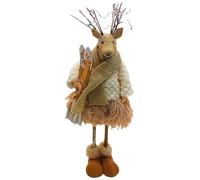 Figura Decorativa XXL de Ciervo, Reno con cornamentas, Figura de Ciervo, Ciervo de pie Textil con esquí, Bufanda y Zapatos de Invierno en Color Blanco y marrón. Dimensiones de una Escultura de Ciervo