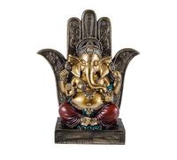Figura Ganesha sobre Mano de Fatima removedor de obstáculos, patrono de Las Artes, Ciencias y señor de la abundancia Dorado de Resina Pintado a Mano 18 cm