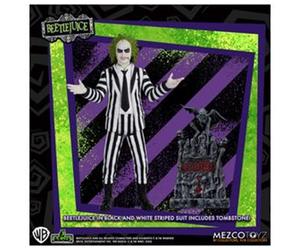 Figura Mezco Toyz Beetlejuice Striped Suit 9,5 cm con Lápida Decorativa