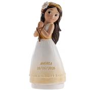 Figura Niña para Pastel de Comunión Personalizada con Rosario, Poliresina Pintada a Mano, Vinilo Metalizado Premium, 16x7 cm