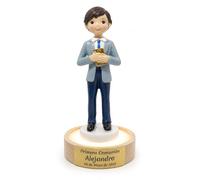 Figura Niño para Pastel de Comunión Personalizado, 15 cm. + peana madera iluminada modelo 2 en 1 Niño CHAQUETA AZUL CLARO Y PANTALON MARINO. Diseñado para decorar pasteles de Comunión