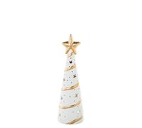Figura portavelas de un Pino con Estrella de Ceramica en Blanco y Dorado 11x11x38 cm