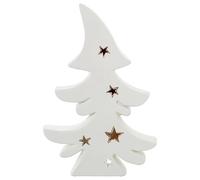 Figura portavelas de un Pino con Estrellas de Ceramica en Blanco y Dorado 22x5x34 cm