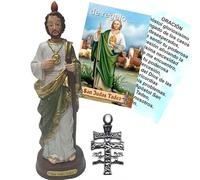 Figura San Judas Tadeo Pintada a Mano.16 cms. De Regalo un Colgante Cruz de Caravaca y estampas de San Expedito, San Pancracio, San Judas Tadeo y San Miguel.