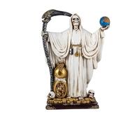 Figura Santa Muerte Blanca con Monedas Proteccion del hogar, Empleo, ingresos Familiares, Apertura de Caminos y Suerte 15x10x31 cm