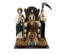 Figura Santa Muerte Dorada sentada en Trono con Judas Tadeo y Jesus Malverde 30x17x35 cm.