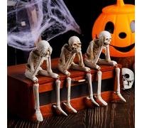 Figuras de esqueleto de resina de Halloween, figuras de esqueleto de See Speak Hear No Evil, figuras realistas de esqueleto sentado en estantes, estatua de calavera para decoración del hogar