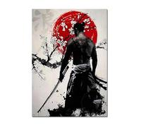 Figuras de guerreros samuráis negros Sakura al atardecer, lienzo, arte de pared, pósteres, impresiones para decoración de sala de estar y dormitorio (90x120cm/marco interior)