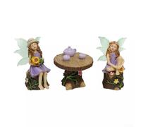 Figuras de hadas en miniatura para decoración de jardín, juego de estatuas de resina de 8 piezas con taburetes de mesa, tazas de tetera para patio, césped, camino, patio trasero