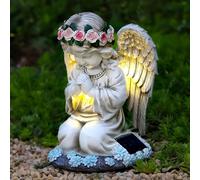 Figuras de jardín de ángel solar, luces para tumbas, figura de ángel de hadas LED, luz solar de ángel de oración 6~12 horas, figuras de decoración de jardín 20,5 cm × 15,5 cm × 14 cm, decoración de.