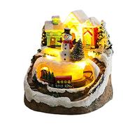 Figuras de pueblo de Navidad, luces LED, tren pequeño, Navidad, casa, paisaje, figuritas de resina, adorno de escritorio