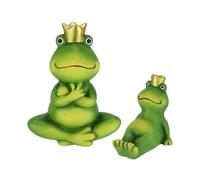 Figuras decorativas para jardín, juego de 2 unidades, 9 + 18 cm, diseño de rana, terracota verde con corona dorada, figura decorativa de rana de cuento de hadas, decoración de jardín, para primavera