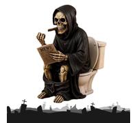 Figuras Esqueleto Escultura en Resina Sentada en Inodoro Dedo Medio | Cartel Halloween Muerte Sentada sobre Inodoro Leyendo Periódico para Decoración Hogar Dormitorio Escaparate Mesita de
