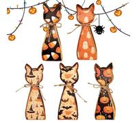 Figuras gato madera Halloween, set 5, decoracion repisa vintage doble cara