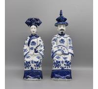 Figuras tradicionales de porcelana de emperador y emperatriz chino, patrón de dragón azul y blanco, juego de 2 estatuas