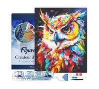 Figured'Art Diamond Painting Kit completo con marco - Cuadro 40x50cm de Pintura de Diamante - Bastidor montado - diamantes cuadrados - Búho Abstracto Colorido - 5D DIY Manualidades Adultos