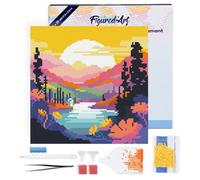 Figured'Art Mini Diamond Painting Kit completo con marco - 25x25cm Pintura de Diamante - Bastidor montado - diamantes redondos - Puesta de Sol Colorida junto al Lago - 5D DIY Manualidades Creativas