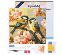 Figured'Art Mini Diamond Painting Kit completo con marco - 25x25cm Pintura de Diamante - Bastidor montado - diamantes redondos - Pareja de Pájaros entre Flores - 5D DIY Manualidades Creativas Adultos