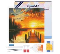 Figured'Art Mini Diamond Painting Kit completo con marco - 25x25cm Pintura de Diamante - Bastidor montado - diamantes redondos - Puesta de Sol Dorada en el Lago - 5D DIY Manualidades Creativas