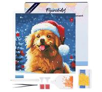 Figured'Art Mini Diamond Painting Kit completo con marco - 25x25cm Pintura de Diamante - Bastidor montado - diamantes redondos - Perro en la Navidad Nevada - 5D DIY Manualidades Creativas Adultos
