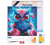Figured'Art Mini Diamond Painting Kit completo con marco - Cuadro 25x25cm de Pintura de Diamante - Bastidor montado - diamantes redondos - Pequeña Lechuza Azul - 5D DIY Manualidades Creativas Adultos