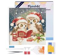 Figured'Art Mini Diamond Painting Kit completo con marco - Cuadro 25x25cm de Pintura de Diamante - Bastidor montado - diamantes de imitación redondos - Búhos de Papá Noel leyendo - 5D DIY