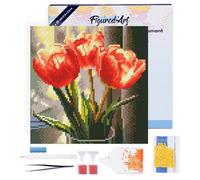 Figured'Art Mini Diamond Painting Kit completo con marco - Cuadro 25x25cm de Pintura de Diamante - Bastidor montado - diamantes redondos - Tulipanes Melocotón - 5D DIY Manualidades Creativas Adultos