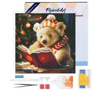 Figured'Art Mini Diamond Painting Kit completo con marco - Cuadro 25x25cm de Pintura de Diamante - Bastidor montado - diamantes de imitación redondos - Adorable oso leyendo - 5D DIY