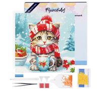 Figured'Art Mini Diamond Painting Kit completo con marco - Cuadro 25x25cm de Pintura de Diamante - Bastidor montado - diamantes de imitación redondos - Gato Lindo con Bufanda Roja - 5D DIY