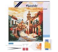 Figured'Art Mini Diamond Painting Kit completo con marco - Cuadro 25x25cm de Pintura de Diamante - Bastidor montado - diamantes de imitación redondos - Iglesia soleada del pueblo - 5D DIY