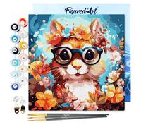 Figured'Art Mini Pintar por Números 20x20cm con marco para Adultos Ardilla de fantasía y flores - Manualidades con pintura acrílica - Kit Cuadro DIY completo
