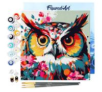 Figured'Art Mini Pintar por Números 20x20cm con marco para Adultos Búho Fantasía con Flores - Manualidades con pintura acrílica - Kit Cuadro DIY completo