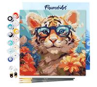 Figured'Art Mini Pintar por Números 20x20cm con marco para Adultos Cachorro de tigre de fantasía y flores - Manualidades con pintura acrílica - Kit Cuadro DIY completo