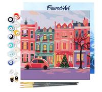 Figured'Art Mini Pintar por Números 20x20cm con marco para Adultos Calle navideña colorida - Manualidades con pintura acrílica - Kit Cuadro DIY completo