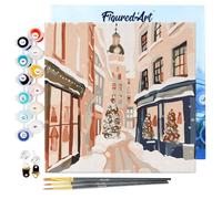 Figured'Art Mini Pintar por Números 20x20cm con marco para Adultos Callejón navideño nevado - Manualidades con pintura acrílica - Kit Cuadro DIY completo