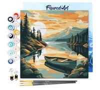 Figured'Art Mini Pintar por Números 20x20cm con marco para Adultos Canoa en lago de montaña - Manualidades con pintura acrílica - Kit Cuadro DIY completo