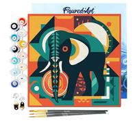 Figured'Art Mini Pintar por Números 20x20cm con marco para Adultos Elefante Art-Deco Abstracto - Manualidades con pintura acrílica - Kit Cuadro DIY completo