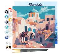 Figured'Art Mini Pintar por Números 20x20cm con marco para Adultos Escena de caballo en Santorini - Manualidades con pintura acrílica - Kit Cuadro DIY completo