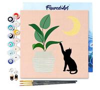 Figured'Art Mini Pintar por Números 20x20cm con marco para Adultos Gatito y planta con luna - Manualidades con pintura acrílica - Kit Cuadro DIY completo