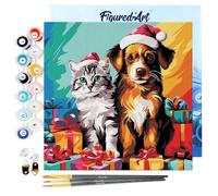 Figured'Art Mini Pintar por Números 20x20cm con marco para Adultos Gato y perro festivos - Manualidades con pintura acrílica - Kit Cuadro DIY completo