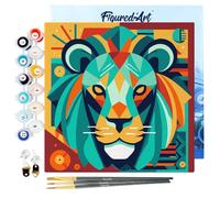 Figured'Art Mini Pintar por Números 20x20cm con marco para Adultos León Art-Deco Abstracto - Manualidades con pintura acrílica - Kit Cuadro DIY completo
