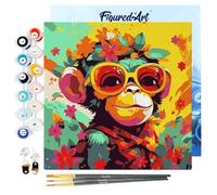 Figured'Art Mini Pintar por Números 20x20cm con marco para Adultos Mono Fantasía con Flores - Manualidades con pintura acrílica - Kit Cuadro DIY completo