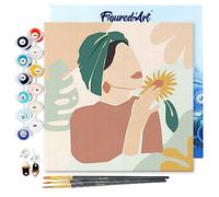 Figured'Art Mini Pintar por Números 20x20cm con marco para Adultos Mujer con turbante verde - Manualidades con pintura acrílica - Kit Cuadro DIY completo