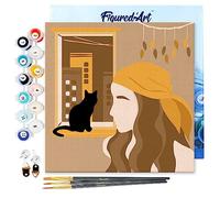 Figured'Art Mini Pintar por Números 20x20cm con marco para Adultos Mujer y su gato en la ventana - Manualidades con pintura acrílica - Kit Cuadro DIY completo